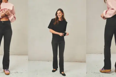 Stylizacje z jeansami dzwonami: modelka w różowym sweterku i czarnej bluzce prezentuje modne jeansy dzwony.