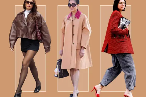 Klapki mule w stylizacjach: skórzana kurtka i mini, beżowy płaszcz, czerwona marynarka. Modne propozycje na co dzień.
