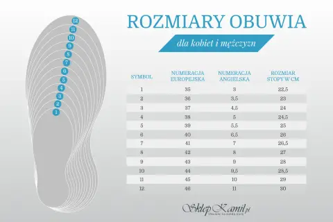 Tabela rozmiarów obuwia: rozmiar 8 to 42 europejski, 8 angielski, 27 cm.