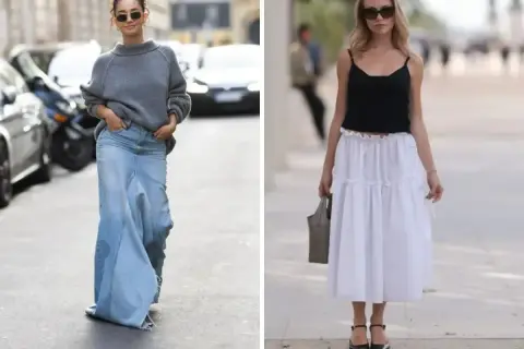 Kobiety prezentują różne stylizacje, pokazując, jakie buty do długiej spódnicy pasują. Jedna w jeansowej maxi, druga w zwiewnej białej.