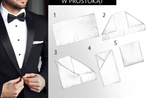 Instrukcja krok po kroku, jak złożyć poszetkę do garnituru w prostokąt. Elegancki mężczyzna w smokingu prezentuje gotową poszetkę.