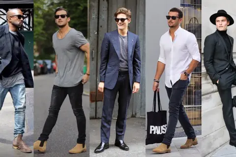 Mężczyźni w stylowych stylizacjach, od casualowych po eleganckie. Wszyscy noszą modne sztyblety, co to za buty?