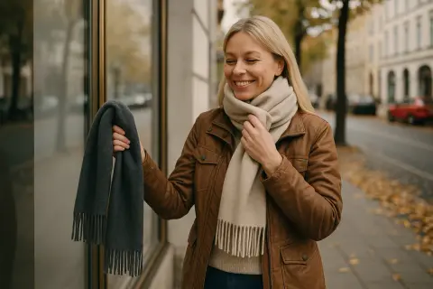 Uśmiechnięta blondynka w brązowej kurtce zastanawia się, jaki kolor czapki pasuje do jej stylizacji, trzymając szary szalik.