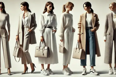 Sześć kobiet prezentuje eleganckie, **casual style** stroje w odcieniach beżu i bieli.