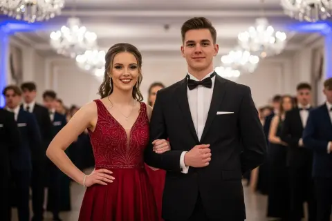 Elegancka para na studniówce. Ona w czerwonej sukni, on w czarnym smokingu. Inspiracja, jak ubrać się na studniówkę.