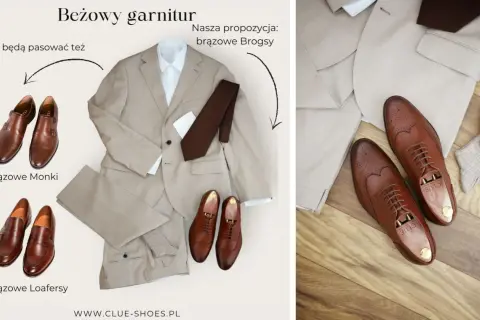 Beżowy garnitur z brązową koszulą i krawatem, do tego brązowe mokasyny do garnituru, monki, loafersy i brogsy.