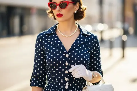 Elegancka kobieta w granatowej sukience w groszki, białych rękawiczkach i czerwonych okularach przeciwsłonecznych. Stylizacje retro.