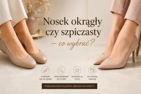 Dwie pary eleganckich butów: po lewej płaskie baleriny z okrągłym noskiem, po prawej szpilki ze szpiczastym czubkiem buta.