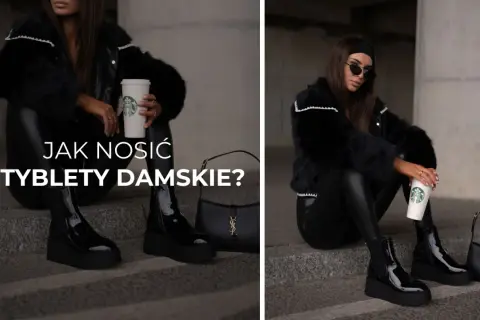 Elegancka kobieta w czarnym futrze i lakierowanych sztybletach damskich, z kubkiem kawy i torebką. Inspiracja: jak nosić sztyblety damskie.