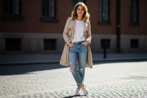Kobieta w beżowym prochowcu, białej koszulce i podartych jeansach typu boyfriend. Stylowe i wygodne czym nosić boyfriendy stylizacje.