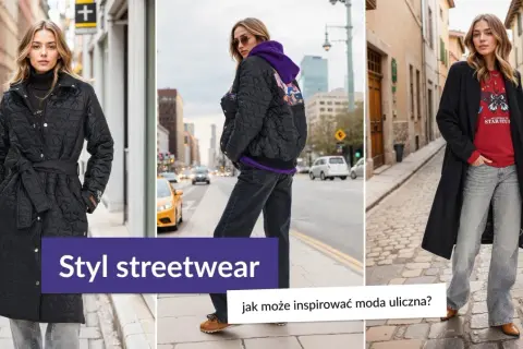 Trzy kobiety w stylizacjach streetwear na tle miejskich ulic.