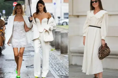 Eleganckie stylizacje na wieczorne wyjście ze znajomymi: białe koronki, garnitur i sukienka w stylu boho.