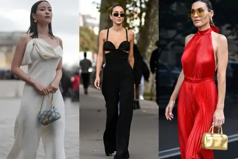 Eleganckie stylizacje: biały, czarny i czerwony kombinezon. Jakie dodatki do czarnego kombinezonu na wesele? Złota torebka, okulary, biżuteria.