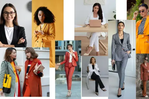 Kobiety w stylizacjach business casual: garnitury, marynarki, eleganckie spodnie i sukienki.