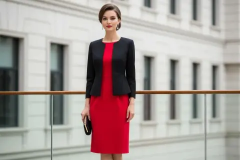 Elegancka kobieta w czerwonej sukience i czarnej marynarce. Idealne połączenie co na górę do rozkloszowanej sukienki, tworzące szykowny zestaw.