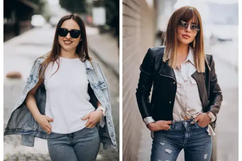 Dwie kobiety prezentują stylowy outfit na koncert: jedna w jeansowej kurtce i białej koszulce, druga w skórzanej ramonesce i satynowej bluzce.