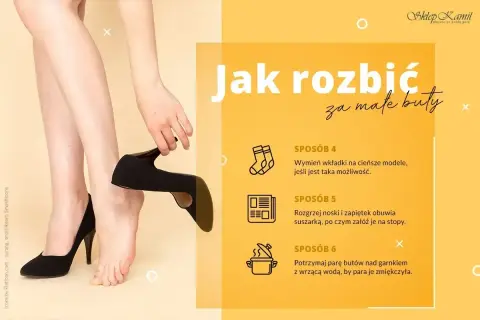Nogi w czarnych szpilkach, jedna ręka poprawia but. Porady, jak rozbić buty, gdy nowe buty obcierają.