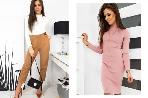 Kobieta o figurze klepsydry w eleganckich stylizacjach: po lewej w białym golfie i brązowych spodniach, po prawej w różowej sukience.