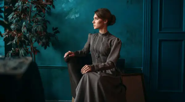 Elegancka kobieta w sukni w stylu light academia siedzi w fotelu, w tle ciemnozielona ściana i roślina.