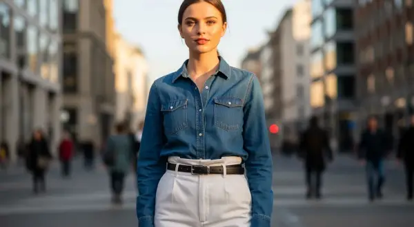 Koszula jeansowa z czym łączyć? Modelka w miejskiej scenerii prezentuje stylizację z jasnymi spodniami i czarnym paskiem.