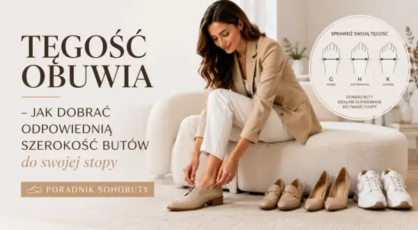 Kobieta dobiera buty, sprawdzając tęgość obuwia H. Poradnik pokazuje, jak dopasować szerokość butów do stopy.