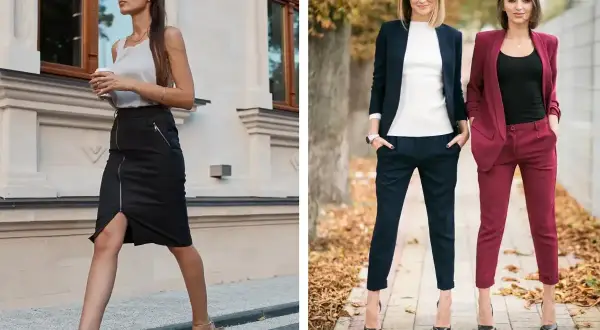 Eleganckie stylizacje na imprezę firmową: czarna spódnica z zamkiem i szpilki lub garnitur w granacie lub bordo.