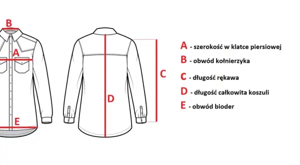 Schemat koszuli z wymiarami: A - szerokość w klatce, B - obwód kołnierzyka, C - długość rękawa, D - długość całkowita, E - obwód bioder.