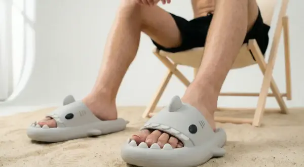 Mężczyzna w klapkach rekinach siedzi na krześle. Czy 28.5 cm jaki to rozmiar buta?