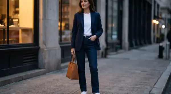 Kobieta w granatowej marynarce i jeansach, z brązową torbą, prezentuje stylowe sneakersy do marynarki.