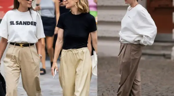 Inspiracje: jaka bluzka do beżowych spodni? Biały T-shirt, czarna koszulka lub luźna bluza świetnie komponują się z szerokimi spodniami w odcieniach beżu i brązu.