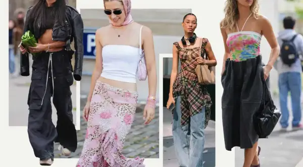 Kobiety w stylizacjach y2k: skórzana kurtka i bojówki, kwiecista spódnica i bandeau, kraciasta sukienka i jeansy, kolorowy top i szeroka spódnica.