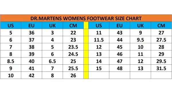 Tabela rozmiarów Dr. Martens dla kobiet: znajdź idealne dopasowanie, porównując rozmiary US, EU, UK i CM.
