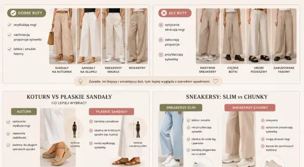 Szerokie spodnie wide leg świetnie wyglądają z butami na koturnie, które wydłużają nogi i zachowują proporcje sylwetki, w przeciwieństwie do masywnych sneakersów czy botków.