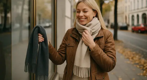 Uśmiechnięta blondynka w brązowej kurtce zastanawia się, jaki kolor czapki pasuje do jej stylizacji, trzymając szary szalik.