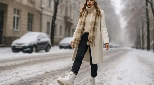 Dziewczyna w białym płaszczu i czapce, w czarnych jeansach i białych butach, idzie po ośnieżonej ulicy. Do czego pasują białe buty damskie? Do zimowej stylizacji!