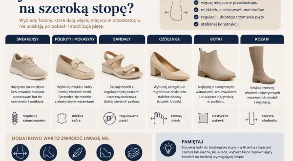 Buty damskie na szeroką stopę i wysokie podbicie: sneakersy, półbuty, sandały, czółenka, botki, kozaki.