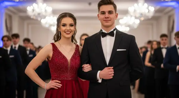 Elegancka para na studniówce. Ona w czerwonej sukni, on w czarnym smokingu. Inspiracja, jak ubrać się na studniówkę.