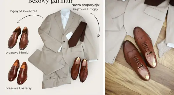 Beżowy garnitur z brązową koszulą i krawatem, do tego brązowe mokasyny do garnituru, monki, loafersy i brogsy.