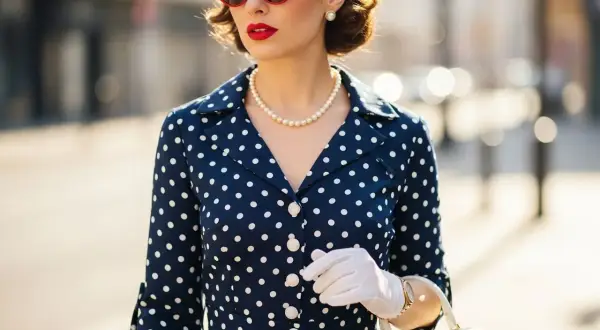 Elegancka kobieta w granatowej sukience w groszki, białych rękawiczkach i czerwonych okularach przeciwsłonecznych. Stylizacje retro.