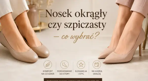 Dwie pary eleganckich butów: po lewej płaskie baleriny z okrągłym noskiem, po prawej szpilki ze szpiczastym czubkiem buta.