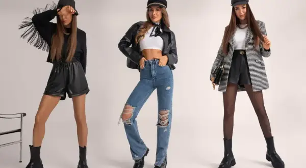 Trzy stylizacje na koncert pop: skórzane szorty z frędzlami, jeansy z dziurami i marynarka w kratę.