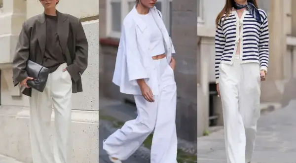 Trzy kobiety prezentują stylowe białe spodnie. Jedna w oversize'owej marynarce, druga w białym garniturze, trzecia w marynarskim sweterku.