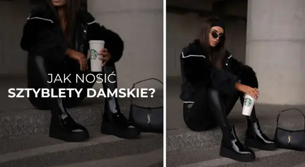 Elegancka kobieta w czarnym futrze i lakierowanych sztybletach damskich, z kubkiem kawy i torebką. Inspiracja: jak nosić sztyblety damskie.