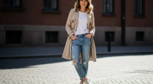 Kobieta w beżowym prochowcu, białej koszulce i podartych jeansach typu boyfriend. Stylowe i wygodne czym nosić boyfriendy stylizacje.