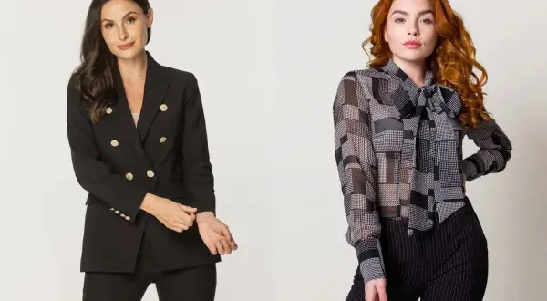 Eleganckie stylizacje na pogrzeb: czarny garnitur z marynarką i spodniami lub bluzka z kokardą i spodnie w paski.