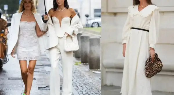 Eleganckie stylizacje na wieczorne wyjście ze znajomymi: białe koronki, garnitur i sukienka w stylu boho.
