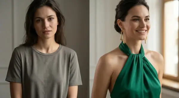 Kobieta w zielonej sukience z dekoltem typu halter, zjawiskowo prezentuje się na tle okna.