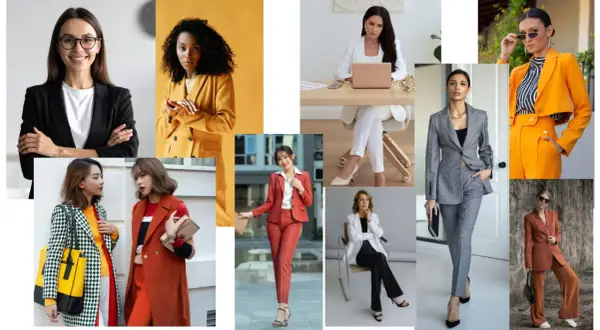Kobiety w stylizacjach business casual: garnitury, marynarki, eleganckie spodnie i sukienki.