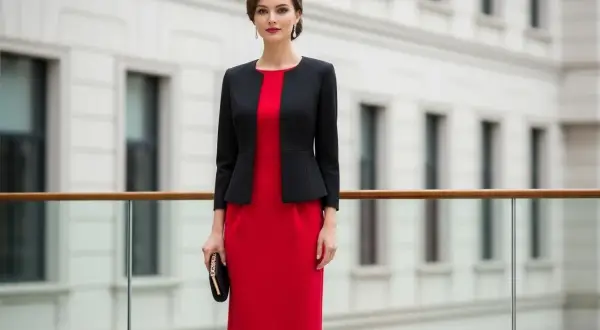Elegancka kobieta w czerwonej sukience i czarnej marynarce. Idealne połączenie co na górę do rozkloszowanej sukienki, tworzące szykowny zestaw.