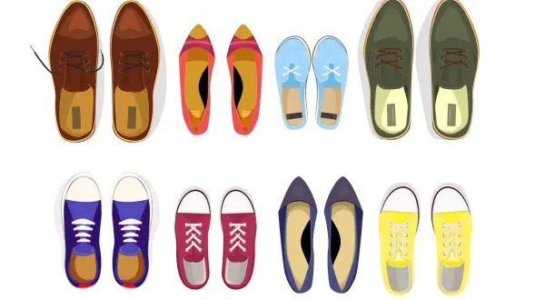 Różnorodne buty: eleganckie brązowe, kolorowe baleriny, niebieskie trampki, zielone półbuty, bordowe trampki, granatowe czółenka i żółte trampki. Różne rozmiary butów angielskich.
